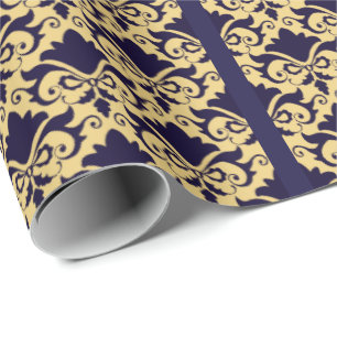 Navy Cream Damask Bows Cadeaupapier