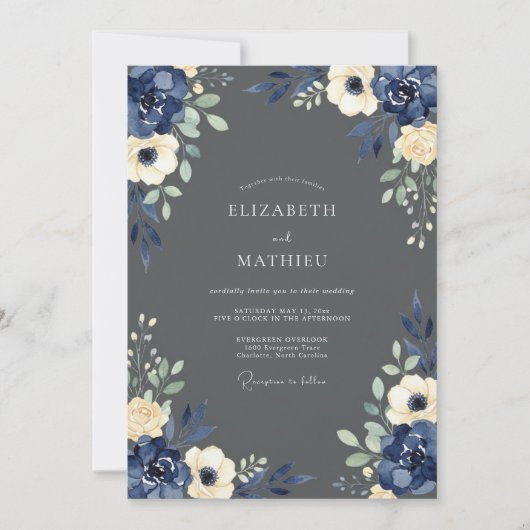 Navy Cream Floral Wedding Kaart (Voorkant)
