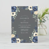 Navy Cream Floral Wedding Kaart (Staand voorkant)