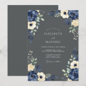 Navy Cream Floral Wedding Kaart (Voorkant / Achterkant)
