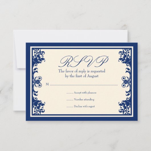 Navy Cream  Flourish Scroll Response Card RSVP Kaartje (Voorkant)