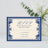Navy Cream  Flourish Scroll Response Card RSVP Kaartje (Staand voorkant)