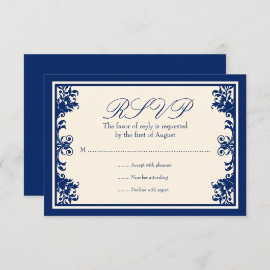 Navy Cream Flourish Scroll Response Card RSVP Kaartje (Voorkant / Achterkant)
