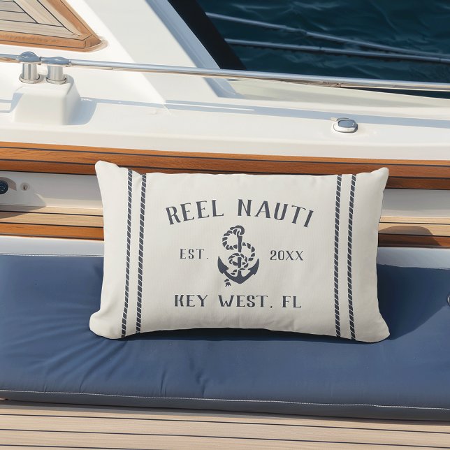 Navy & Cream Gepersonaliseerde Boat Naam Anker Buitenkussen (Creator heeft geüpload)