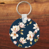 Navy Cream Magnolia Blossom Pattern Sleutelhanger (Voorkant)
