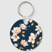 Navy Cream Magnolia Blossom Pattern Sleutelhanger (Achterkant)