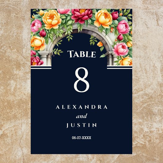 Navy Cream Mediterrane Bloemenboog Huwelijk Kaart
