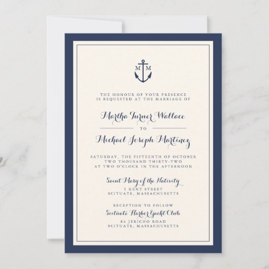 Navy & Cream Monogram Anker Huwelijksuitnodiging Kaart (Voorkant)