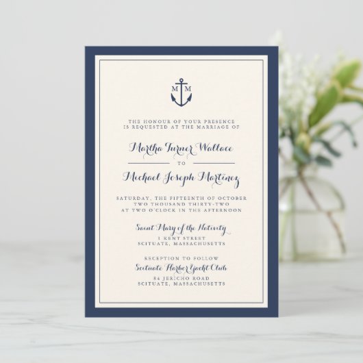Navy & Cream Monogram Anker Huwelijksuitnodiging Kaart (Staand voorkant)