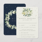 Navy/Cream Snowberry+Eucalyptus Boeket Bruiloft RSVP Kaartje (Voorkant / Achterkant)