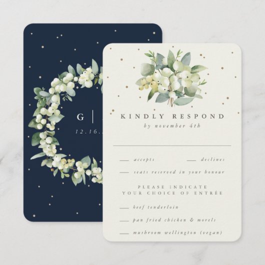 Navy/Cream Snowberry+Eucalyptus Boeket Bruiloft RSVP Kaartje (Voorkant / Achterkant)