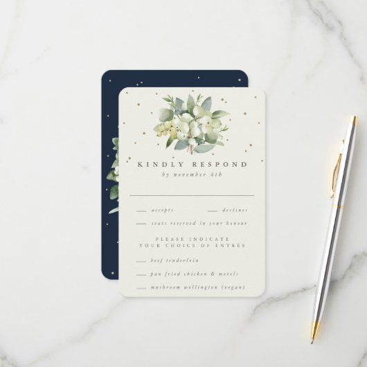 Navy/Cream Snowberry+Eucalyptus Boeket Bruiloft RSVP Kaartje (Voorkant / Achterkant in situ)