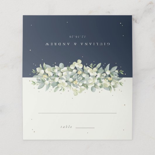 Navy/Cream Snowberry+Eucalyptus Bruiloft Plaatskaartje (Buitenkant ongevouwen)