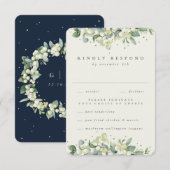 Navy/Cream Snowberry+Eucalyptus Rand Bruiloft RSVP Kaartje (Voorkant / Achterkant)