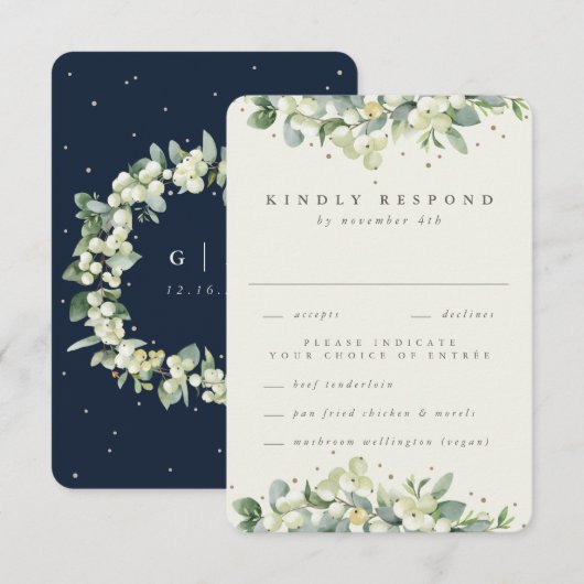 Navy/Cream Snowberry+Eucalyptus Rand Bruiloft RSVP Kaartje (Voorkant / Achterkant)