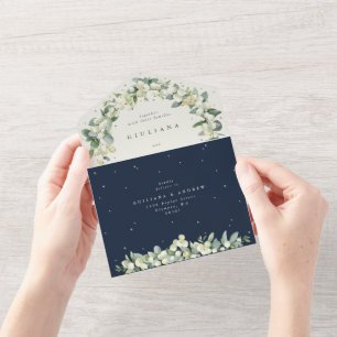 Navy/Cream Snowberry+Eucalyptus Winter Bruiloft All In One Uitnodiging