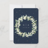 Navy/Cream Snowberry+Eucalyptus Winter Bruiloft RSVP Kaartje (Achterkant)