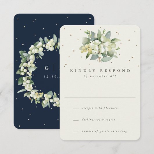 Navy/Cream Snowberry+Eucalyptus Winter Bruiloft RSVP Kaartje (Voorkant / Achterkant)