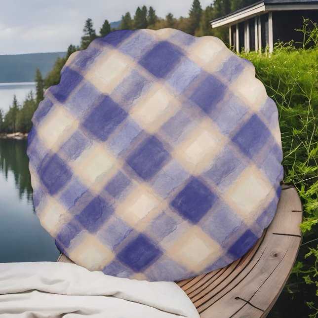 Navy cream tartan buffalo plaid waterverf rustiek rond kussen (Creator heeft geüpload)