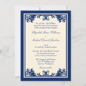Navy Cream Vlaams Scroll Wedding Kaart (Voorkant)