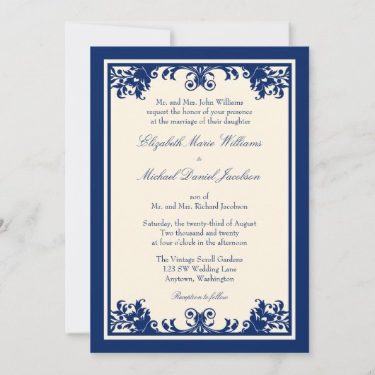 Navy Cream  Vlaams Scroll Wedding Kaart (Voorkant)