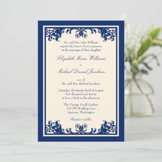 Navy Cream Vlaams Scroll Wedding Kaart (Staand voorkant)
