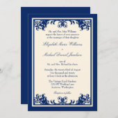 Navy Cream  Vlaams Scroll Wedding Kaart (Voorkant / Achterkant)