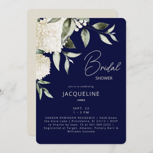Navy & Cream White Hydrangeas Vrijgezellenfeest Kaart (Voorkant / Achterkant)