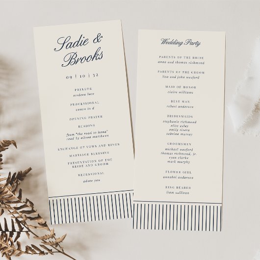Navy & Crème Klassiek Schrift Pinstripe Bruiloft Programmakaart