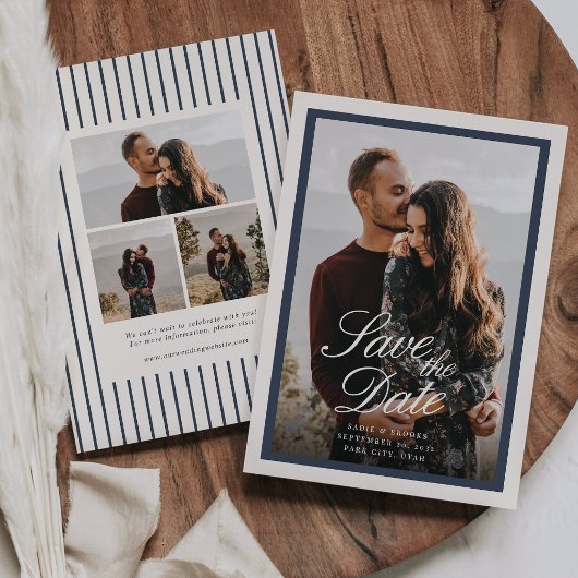 Navy & Crème Klassieke Script Foto Bruiloft Save The Date