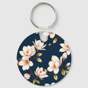 Navy Crème Magnolia Bloesem Patroon Sleutelhanger