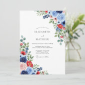 Navy Crimson Levendig Botanisch Bruiloftsontwerp Kaart (Staand voorkant)