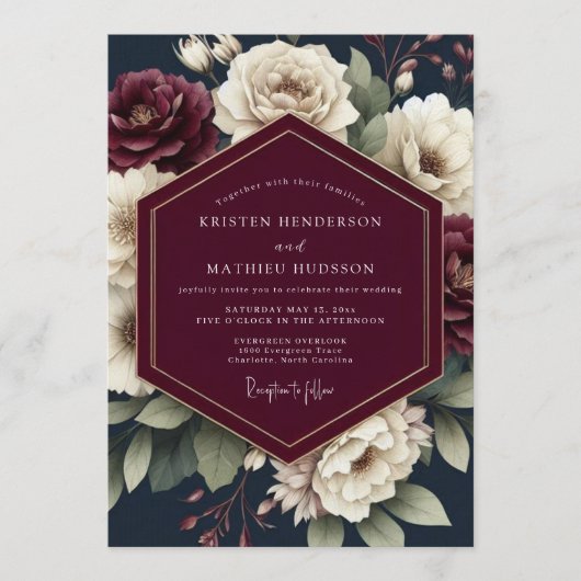 Navy & Crimson Moody Bloom Bruiloft Kaart (Voorkant)
