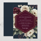 Navy & Crimson Moody Bloom Bruiloft Kaart (Voorkant / Achterkant)