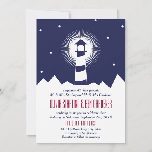 Navy & Crimson | Vuurtoren bruiloft uitnodiging (Voorkant)