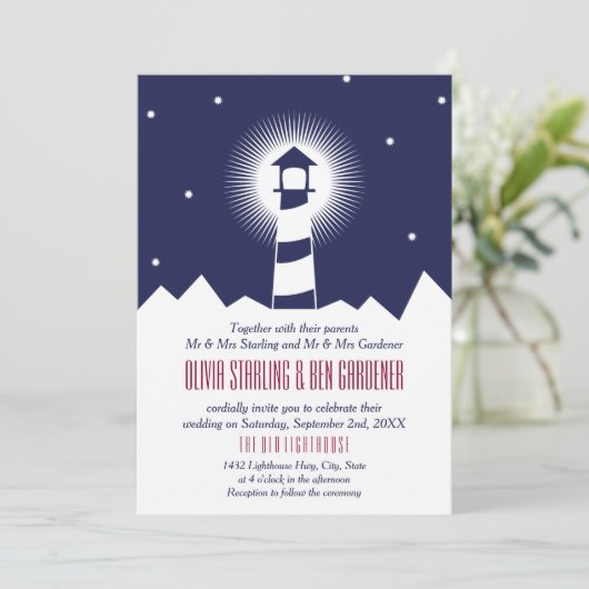 Navy & Crimson | Vuurtoren bruiloft uitnodiging (Staand voorkant)
