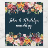 Navy Custom Herfst Boho Bruiloft Waterverf Bloemen Wijn Etiket (Enkel label)