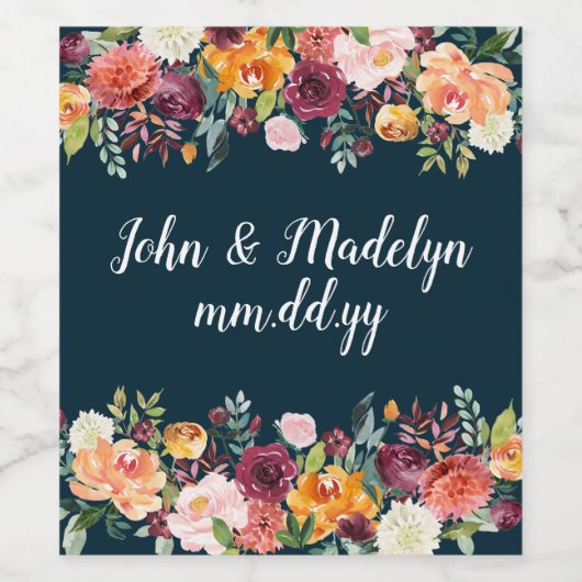 Navy Custom Herfst Boho Bruiloft Waterverf Bloemen Wijn Etiket (Enkel label)