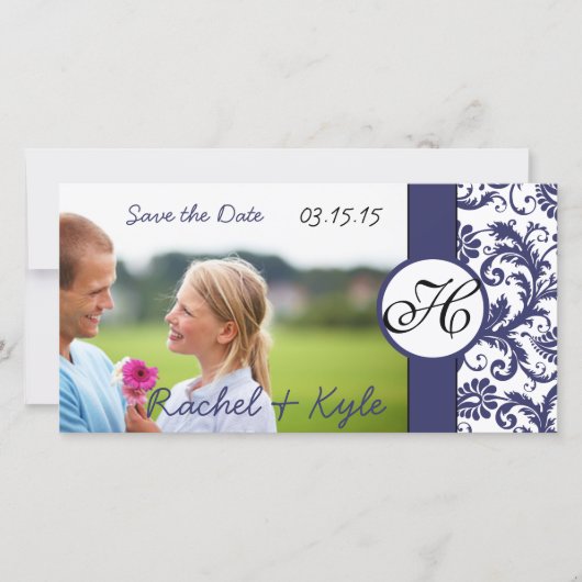Navy Damask bewaart de datum Save The Date (Voorkant)