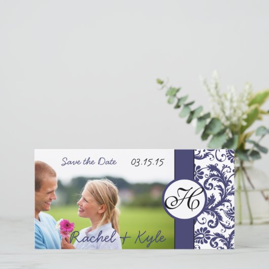 Navy Damask bewaart de datum Save The Date (Staand voorkant)