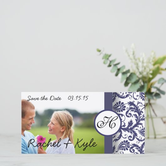 Navy Damask bewaart de datum Save The Date (Staand voorkant)