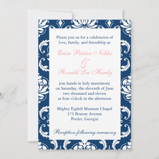 Navy Damask Coral Monogram Weddenschap Kaart (Achterkant)