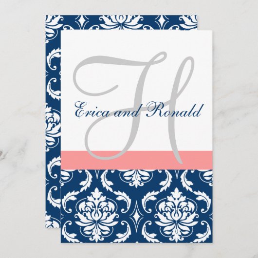 Navy Damask Coral Monogram Weddenschap Kaart (Voorkant / Achterkant)