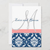 Navy Damask Coral Monogram Wedding Invitations Kaart (Voorkant)