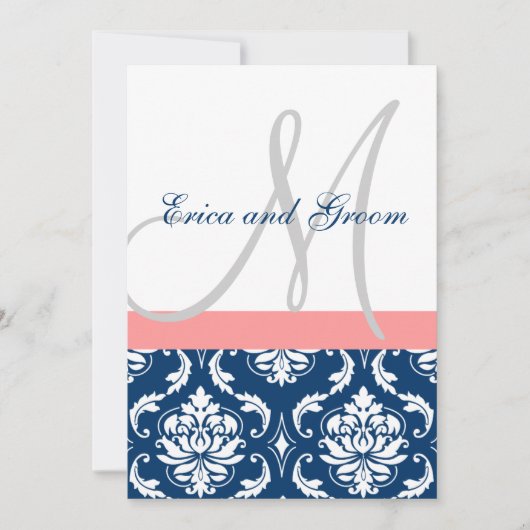 Navy Damask Coral Monogram Wedding Invitations Kaart (Voorkant)