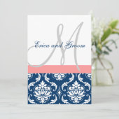 Navy Damask Coral Monogram Wedding Invitations Kaart (Staand voorkant)