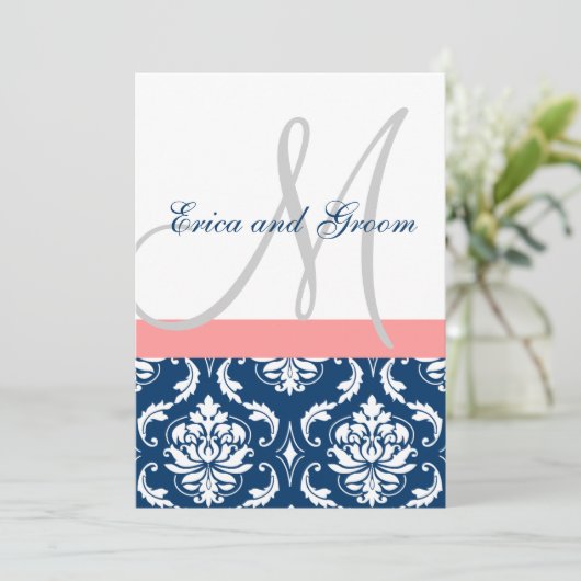 Navy Damask Coral Monogram Wedding Invitations Kaart (Staand voorkant)