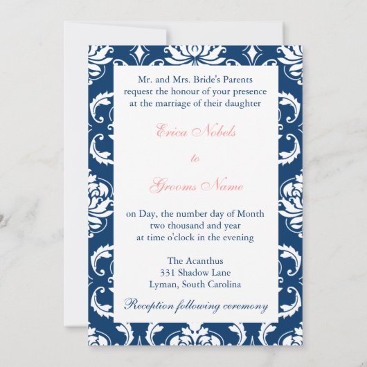 Navy Damask Coral Monogram Wedding Invitations Kaart (Achterkant)