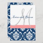 Navy Damask Coral Monogram Wedding Invitations Kaart (Voorkant / Achterkant)