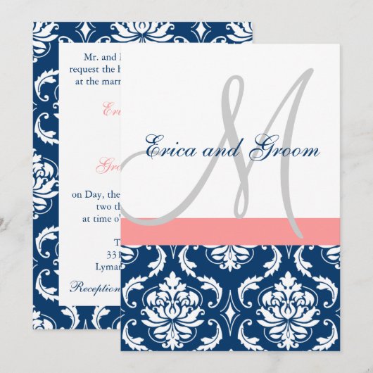 Navy Damask Coral Monogram Wedding Invitations Kaart (Voorkant / Achterkant)